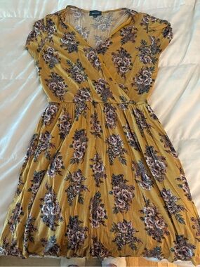 Modcloth Mustard Floral Wrap-Style Midi Dress